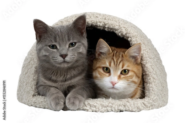 Obraz Two cats laying down in cushion fluffy, isolated on transparent background.