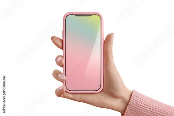 Obraz Hand female  holding a pink smartphone or mobile phone with colorful screen for technology concept, isolated on transparent background.