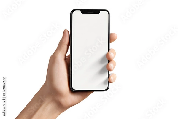 Obraz Hand holding a smartphone or mobile phone with white screen for technology concept, isolated on transparent background.