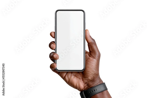 Obraz Hand holding a smartphone or mobile phone with white screen for technology concept, isolated on transparent background.