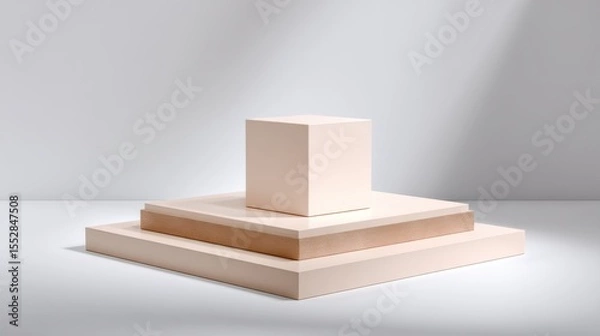 Obraz Minimalist display with cube on platforms for product showcase, promotion use