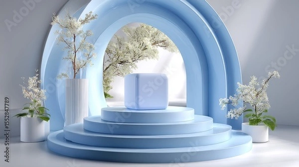Obraz Presentation stage with cube and floral decoration for product showcase and promotion use cases