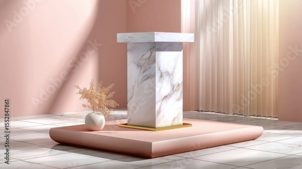 Obraz Marble pedestal in a pink room with vase and plant for product showcase, display, presentation, promotion, advertising, and marketing