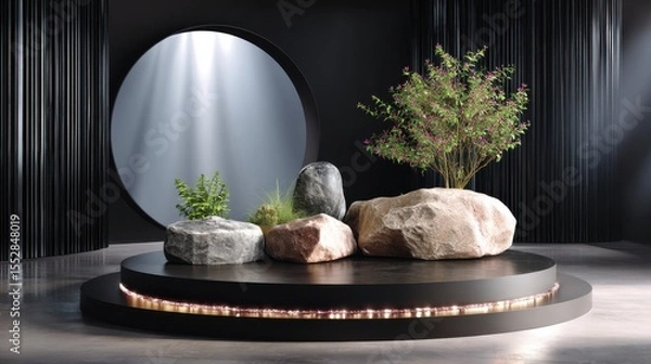 Obraz Zen garden with rocks and plants on display podium for product showcase, spa, and meditation concepts