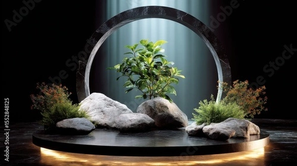 Obraz Plant on rocks with a circular frame for product display and nature themed presentations, and zen garden concepts.