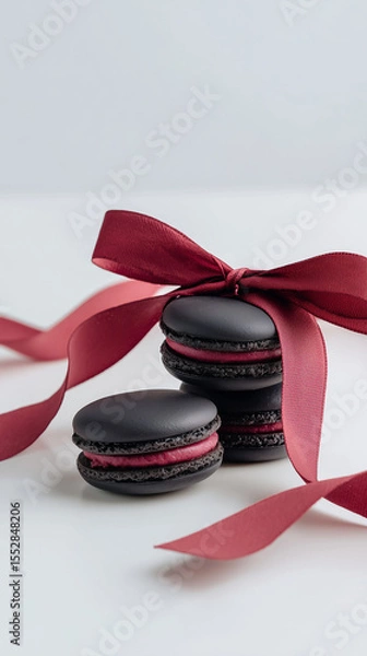Fototapeta dessert, black macarons with deep red filling, red satin ribbon in a bow