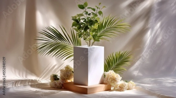 Obraz Botanical display with flowers and leaves, perfect for product showcase, cosmetic ads, and minimalist presentation mockups.