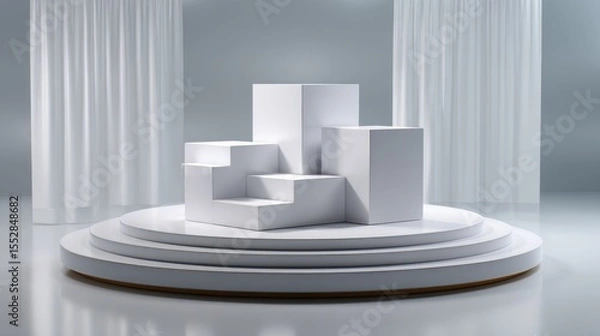 Obraz Geometric shapes on a tiered platform with curtains for product displays, presentations, and stage design.