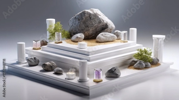 Obraz Tiered display featuring rocks, plants, and columns for product showcase, decoration, and artistic composition.