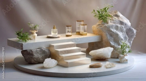 Obraz Elegant product display featuring stone, plants and glass bottles. perfect for showcasing cosmetics, skincare, or fragrance products.