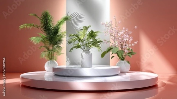Obraz Plants on a podium with light for product showcase, promotion, advertising, and presentation.