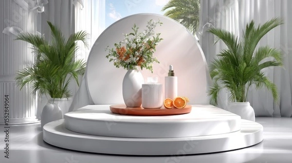 Obraz Elegant product display with floral arrangement and citrus fruits for cosmetic promotions, beauty product showcase, and wellness presentations