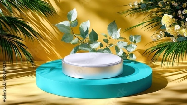 Obraz Round podium with plants against yellow wall for product display and marketing campaigns.
