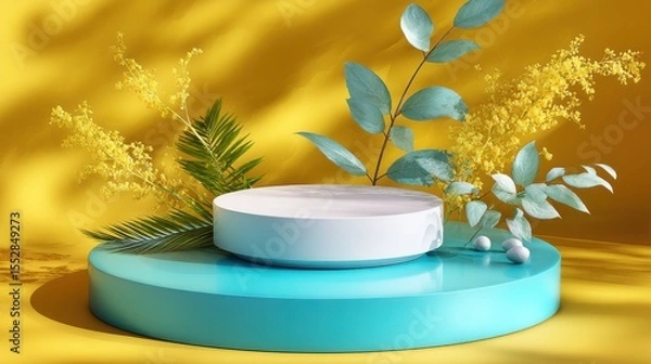 Obraz Product display with botanical elements on yellow, for showcasing items, advertising, and presenting products.