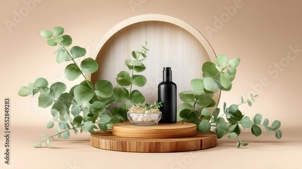 Obraz Elegant black bottle on wooden platform with eucalyptus for product showcase and cosmetic promotions, advertising material use