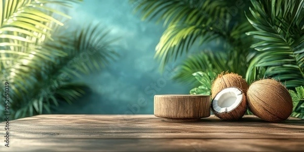 Fototapeta Fresh coconuts and wooden bowl surrounded by tropical leaves in a serene setting