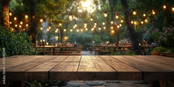 Fototapeta Rustic outdoor dining area illuminated by string lights during evening hours in a lush garden setting