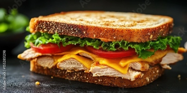 Fototapeta Freshly made chicken sandwich with cheddar and vegetables on whole grain bread ready for serving at a casual diner