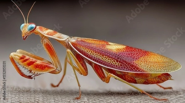Fototapeta Colorful mantis showcases vibrant patterns and features in natural light on textured surface