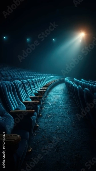 Fototapeta Rows of empty blue seats in a dimly lit theater create a mysterious and nostalgic atmosphere