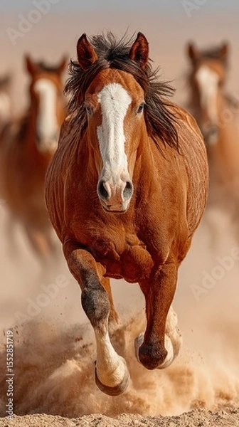 Fototapeta Wild horses running across the desert landscape in a dramatic display of strength and freedom during golden hour