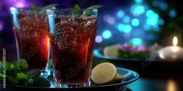 Fototapeta Refreshing glasses of iced tea with mint and lemon served on a table in a cozy, ambient setting during evening hours