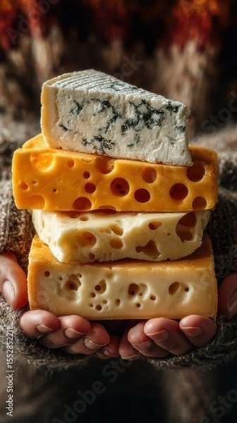 Fototapeta Cheese lover holds a stack of assorted cheeses in cozy autumn atmosphere