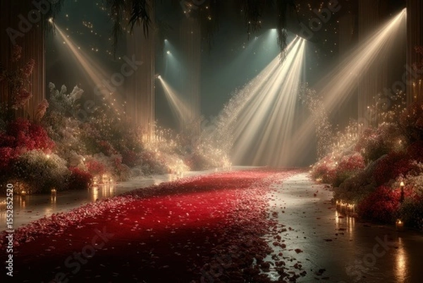 Fototapeta Elegant floral arrangement lights up a lavish red carpet event in an enchanting venue during a nighttime celebration