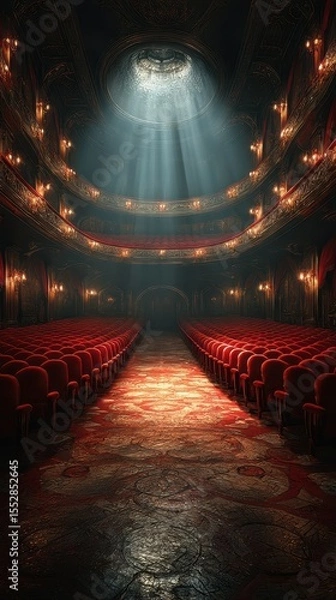 Fototapeta Glistening light fills an empty theater showcasing elegant architecture and red seating during a quiet afternoon