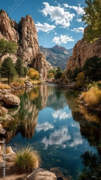 Fototapeta Serene river reflecting majestic cliffs under a vibrant sky in a tranquil mountain landscape