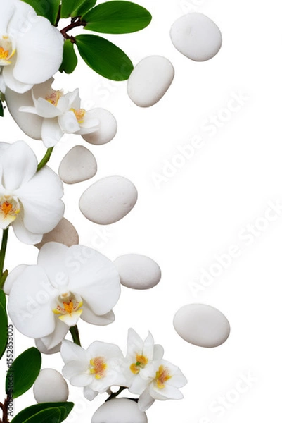 Obraz Delicate white flowers and smooth stones arranged against a black background, creating a serene and elegant composition. Png, Transparent background.