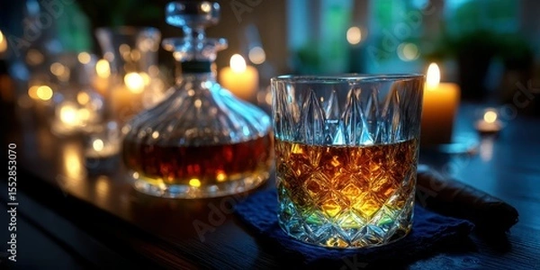 Fototapeta Elegant glass of whiskey beside candles and a decanter in a cozy dimly lit setting during the evening
