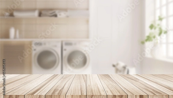 Obraz Light wooden tabletop with blurred background of a modern bright laundry room. Ideal for mockups and home design.