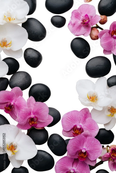 Obraz Beautiful orchids on smooth black stones create a serene and elegant composition. Png, Transparent background.