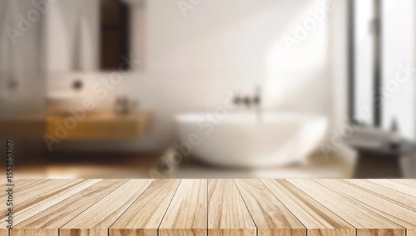 Obraz Light wooden tabletop with blurred background of a bright modern bathroom. Ideal for personal care product mockups.