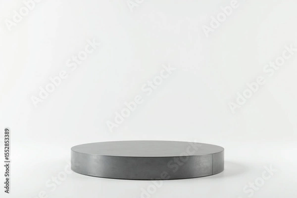 Obraz Side view of an empty titanium round podium with smooth metallic texture, set against a pure white background