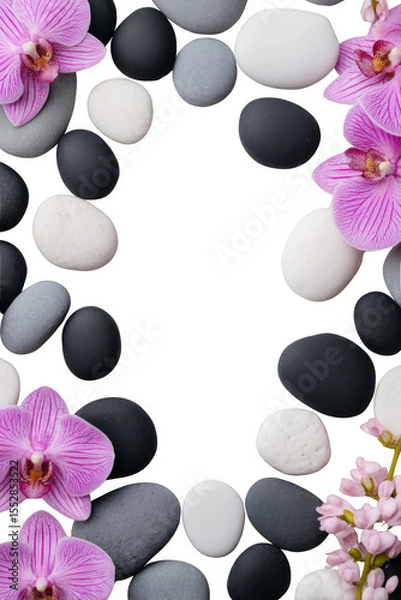Obraz A border of smooth stones and delicate orchids creates a serene, natural frame against a dark background. Png, Transparent background.