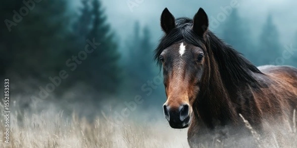Fototapeta Majestic horse standing in misty meadow with dense forest backdrop at dawn