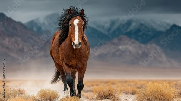Fototapeta Majestic horse galloping through desert landscape with mountains in the background during a dramatic cloudy day