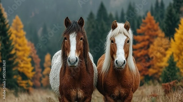 Fototapeta Horses standing together in a colorful autumn forest setting during the late afternoon