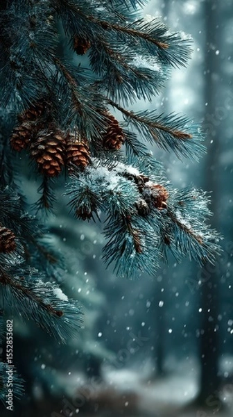 Fototapeta Snow falls gently on pine branches adorned with cones in a serene winter forest setting