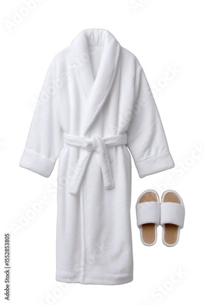 Obraz Cozy white bathrobe and matching slippers arranged neatly. Png, Transparent background.
