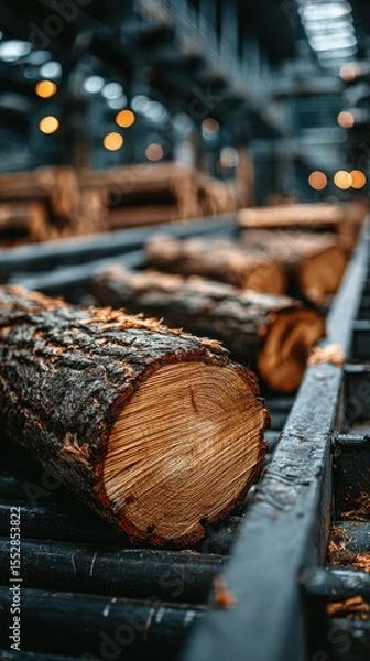 Fototapeta Logs resting on a conveyor belt inside a sawmill during daytime, showcasing the wood processing activity