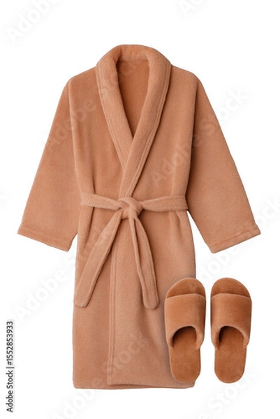 Obraz Cozy bathrobe with matching slippers in a textured pattern. Png, Transparent background.