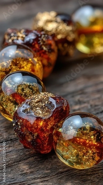 Fototapeta Beautiful amber beads glisten under soft light showcasing intricate details and textures on a wooden surface