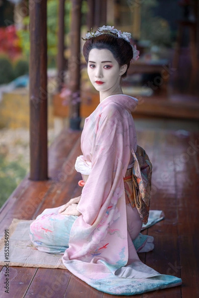 Fototapeta A pretty young Asian Japanese woman in a Traditional Yukata Dress. A Young Asian girl is wearing a beautiful pink kimono or  Furisode dress, sitting in front of the house.