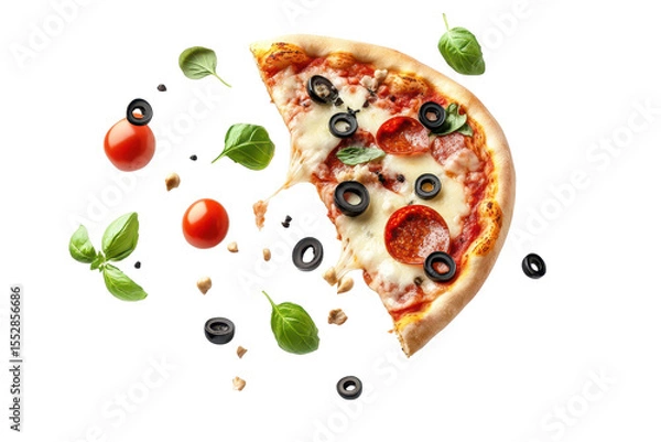 Fototapeta Flying pizza slice with vibrant toppings of pepperoni, olives, and fresh herbs soaring against a clean background