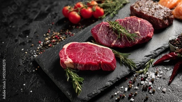 Fototapeta Raw beef steaks with herbs and tomatoes arranged on dark stone cutting board with spices