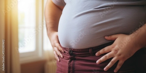 Fototapeta Overweight man touching his belly with hands. Generative AI.