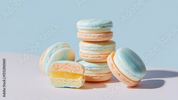 Fototapeta pastel-colored macarons with a soft marble pattern of light blue and peach, colorful macaroons 
